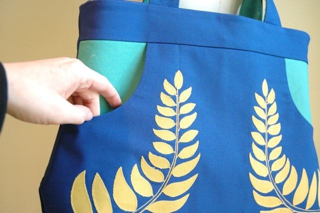 Laureate Handbag in Blue and Teal with Gold Leaves