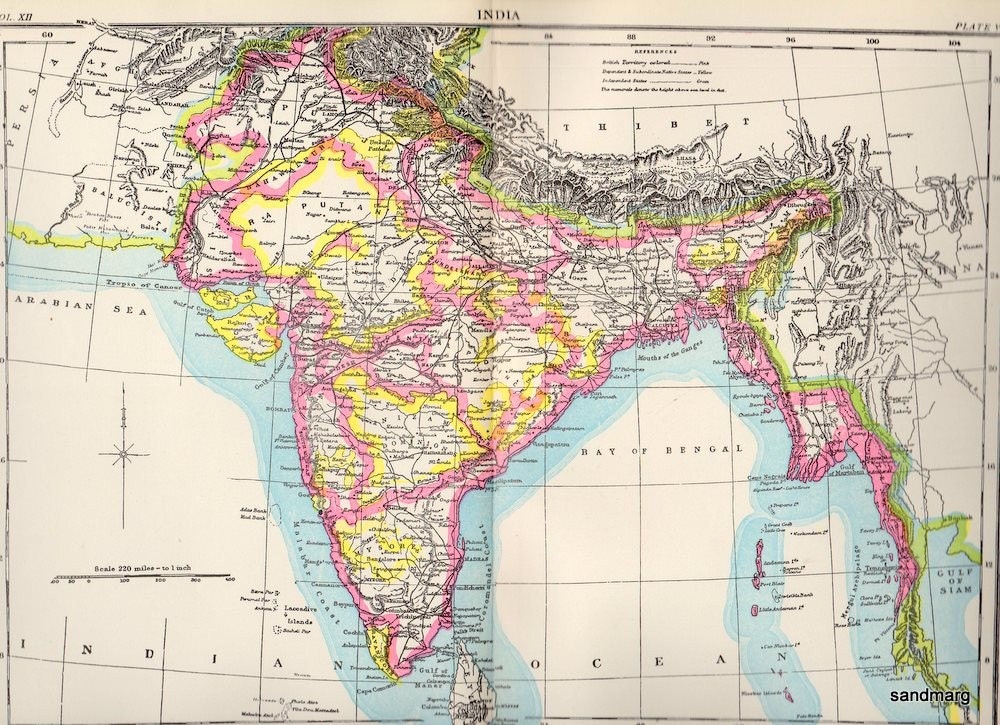 1897 Original Antique Hand Tinted Map of India