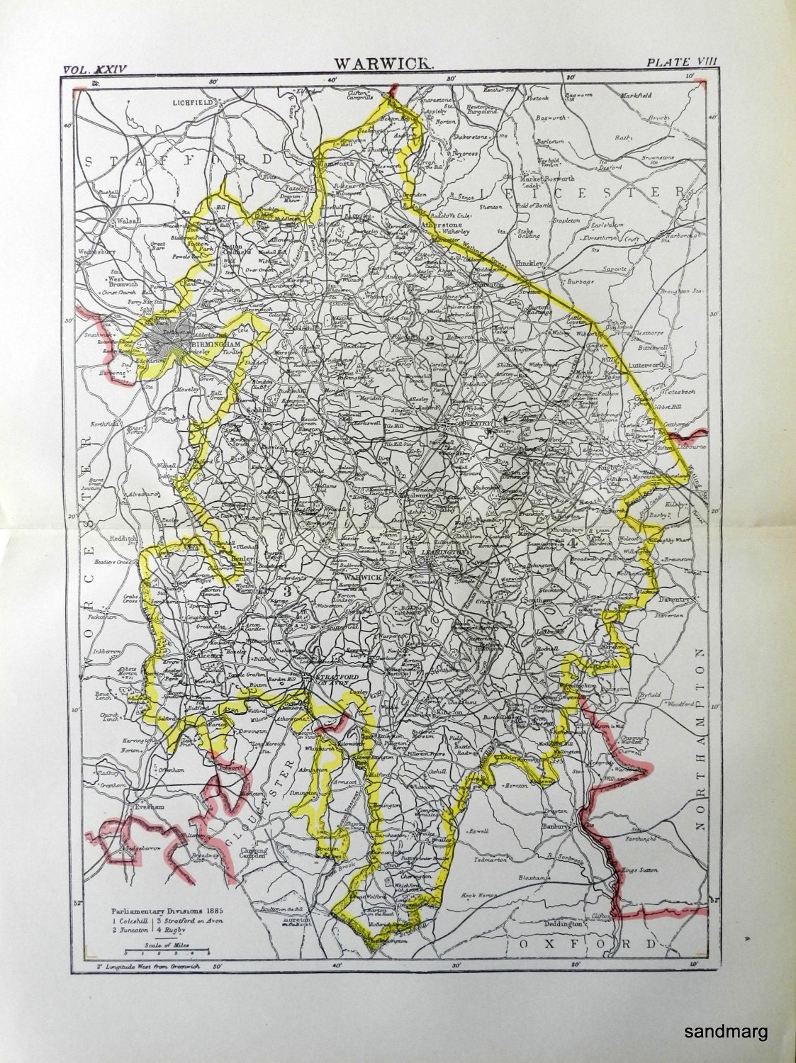 1897 Antique Color Map of  Warwick United Kingdom