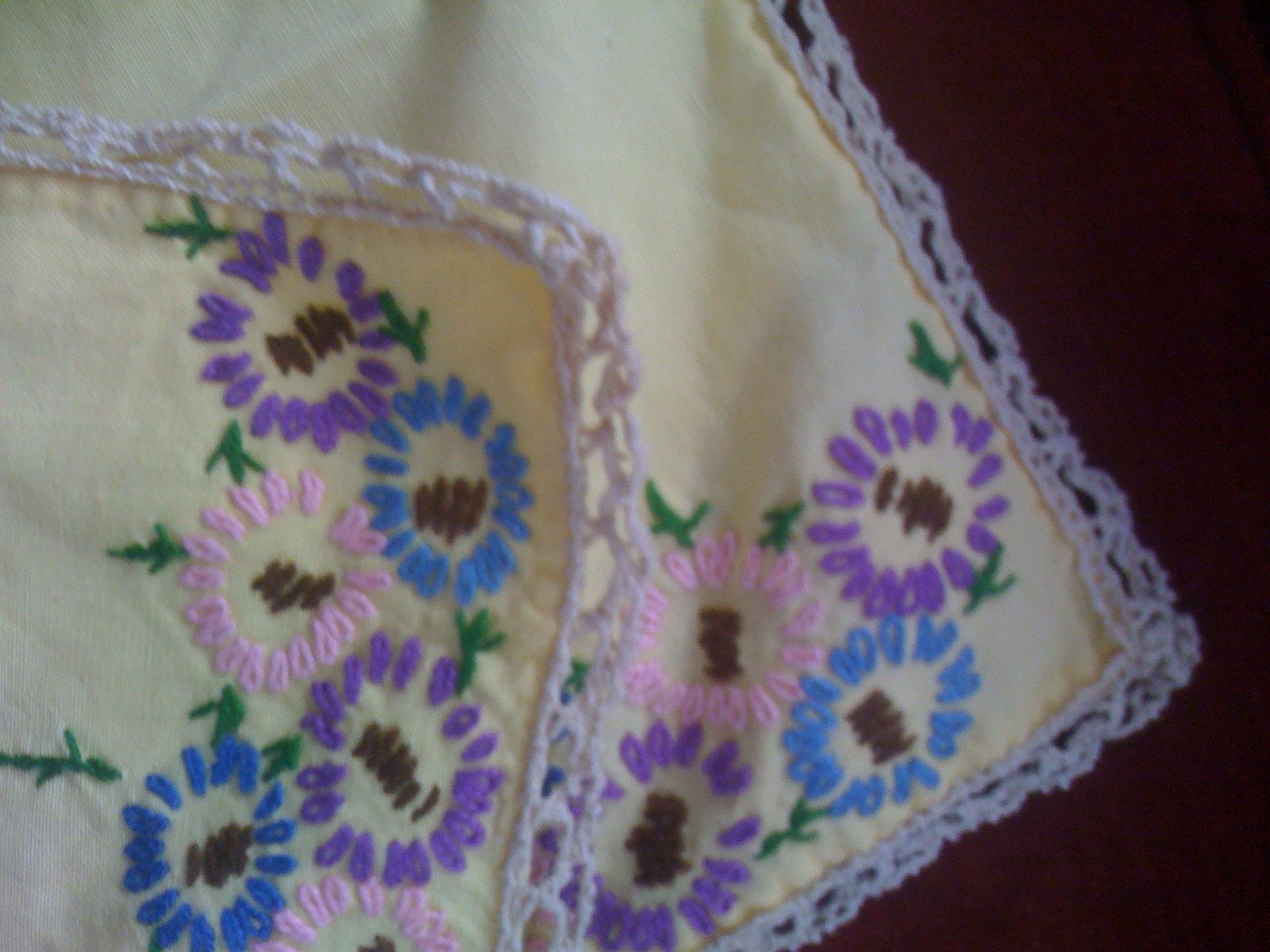Embroidered dresser cloths VINTAGE antique with CROCHET TRIM set of 2