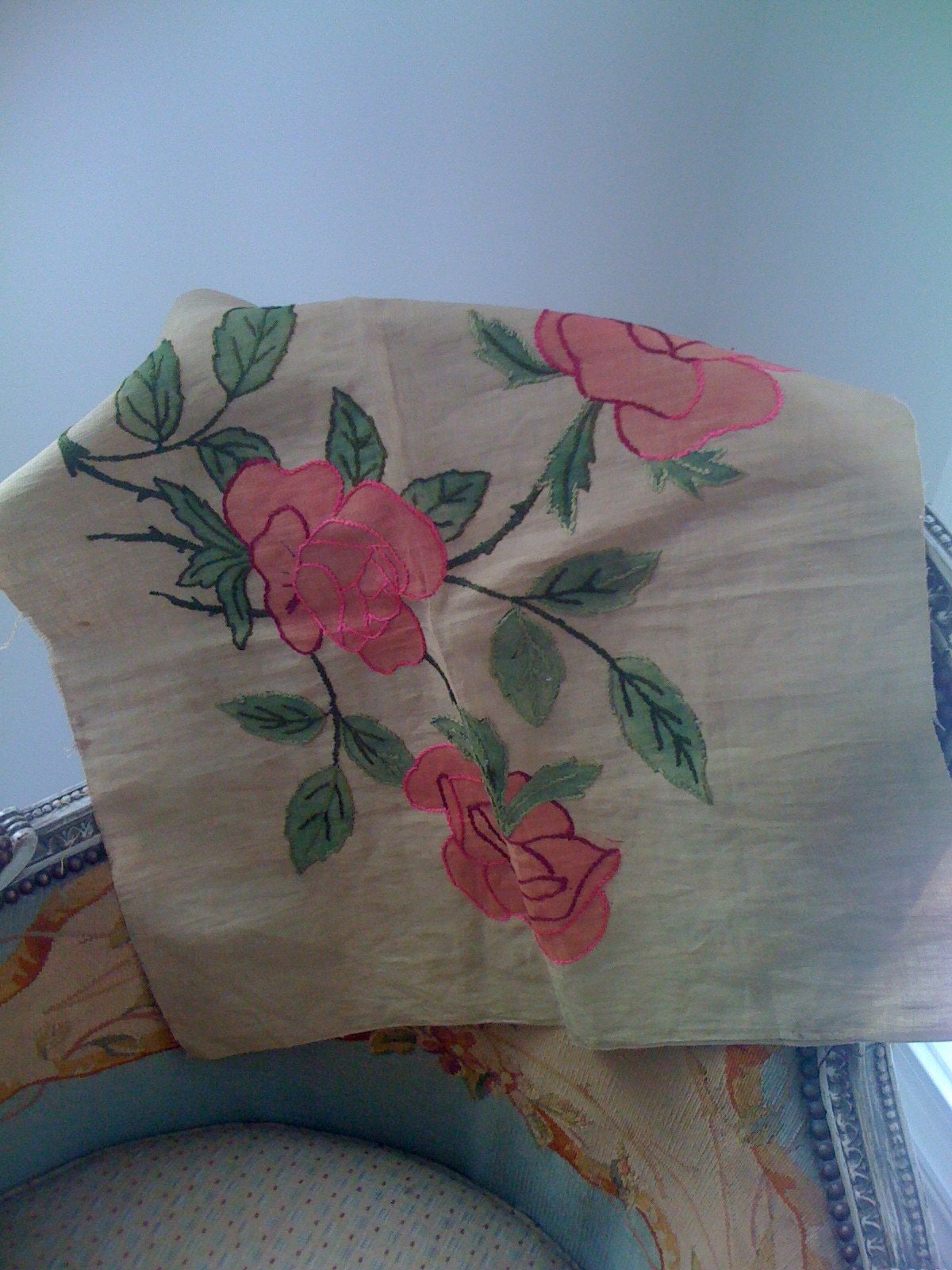 victorian hand painted and embroidered ROSES piece