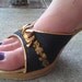 1960s Black  Kitten Heel Sandals with Bronze Ribbons and Bows - size 7 to 7.5