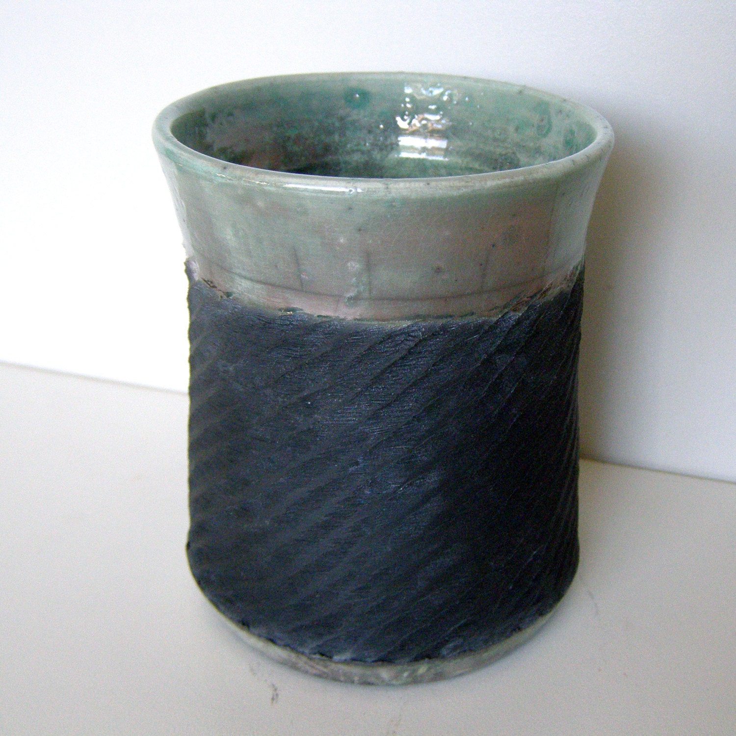 Raku Cup, Teal Glaze and Rope Texture