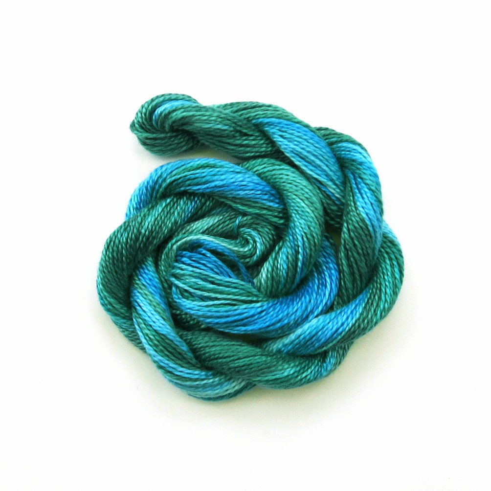 Hand dyed cotton perle 8 embroidery thread, 30m skein - sky blue, teal green, bright blue