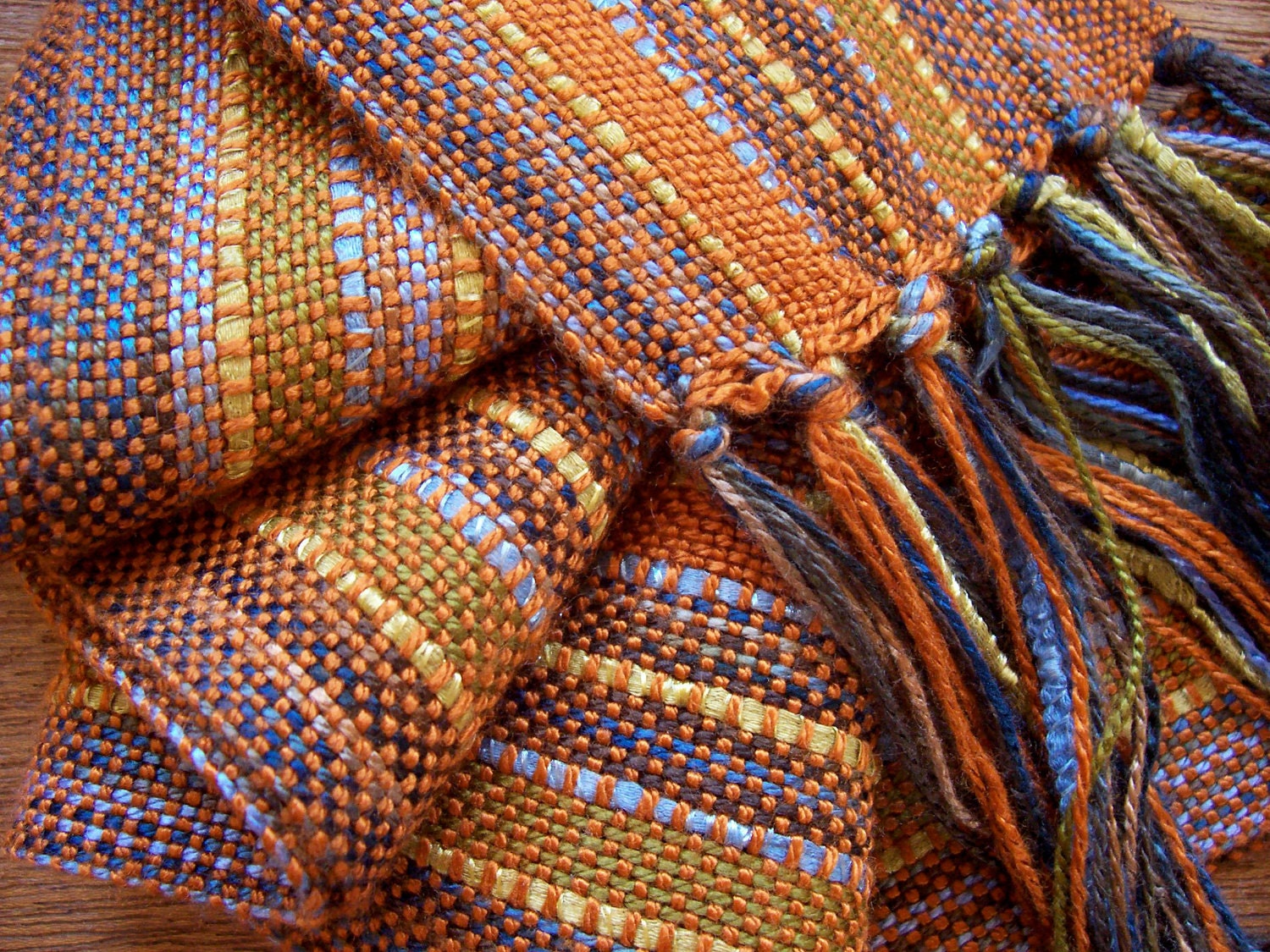 handwoven scarf, curry orange with bamboo ribbon lariat