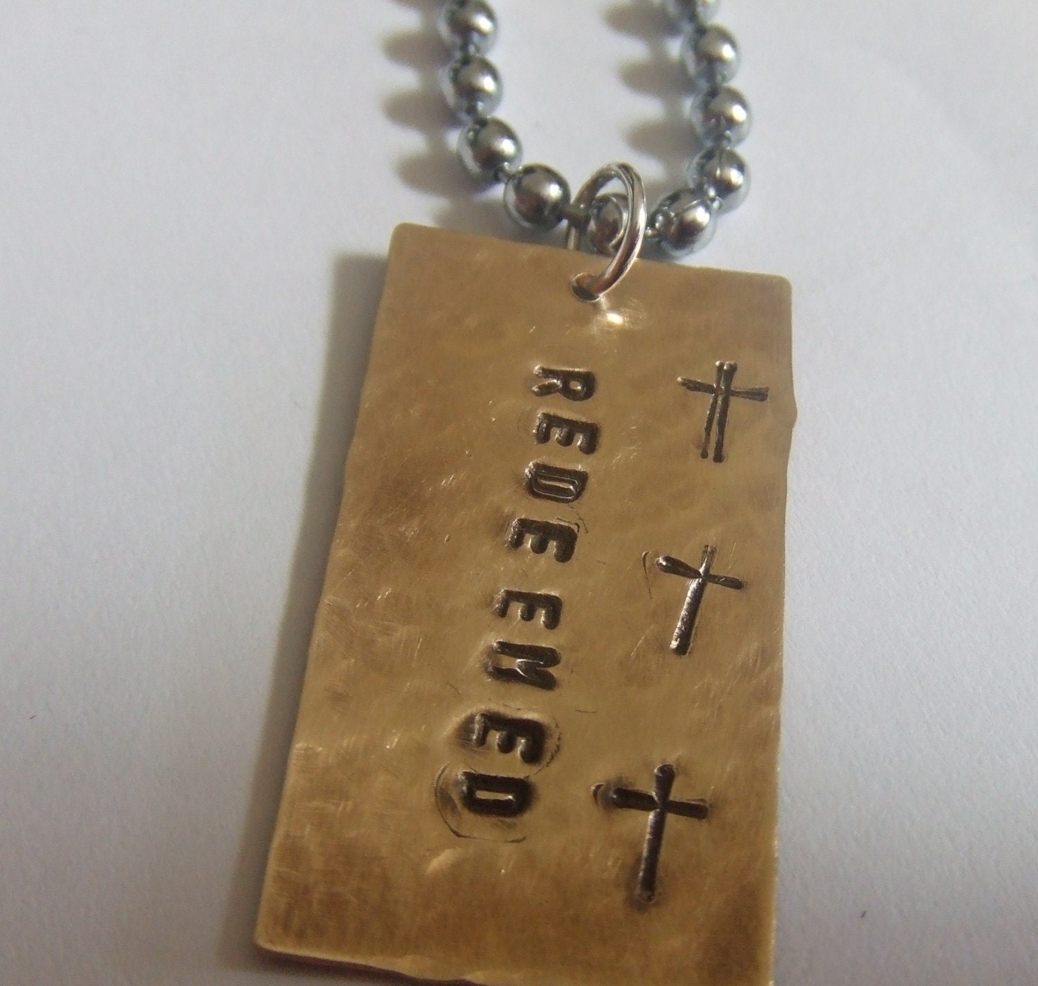 Handstamped Brass Cross Necklace - REDEEMED -  First Communion Confirmation Baptism