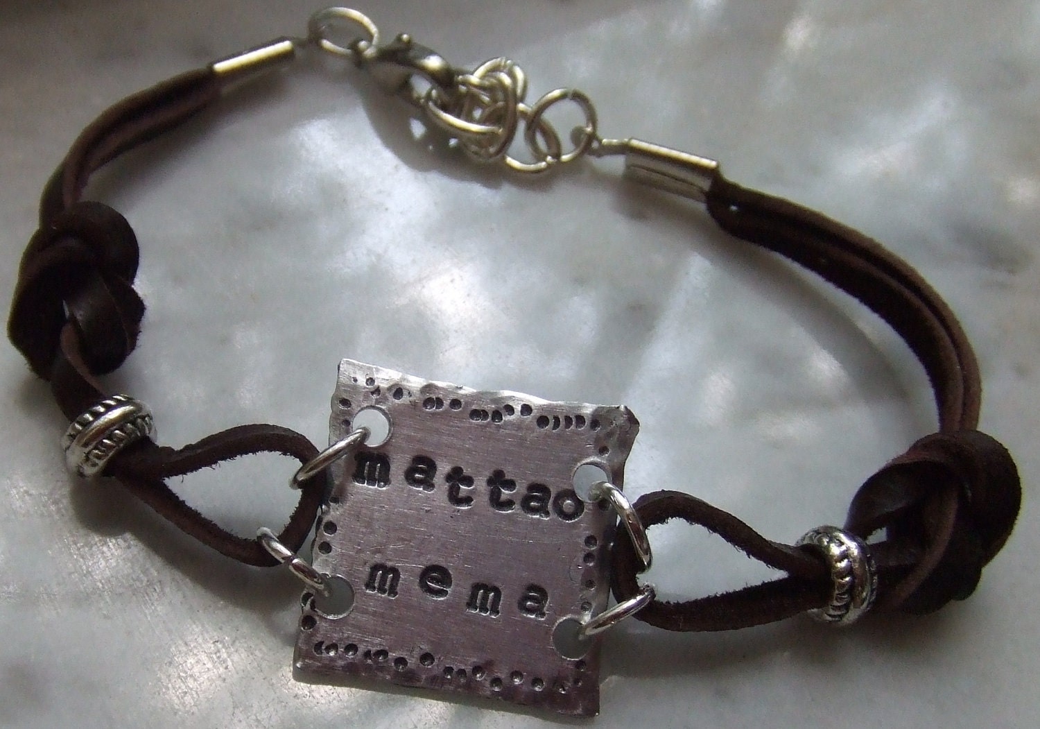 Hip- Mom Leather Handstamped  Silver Bracelet