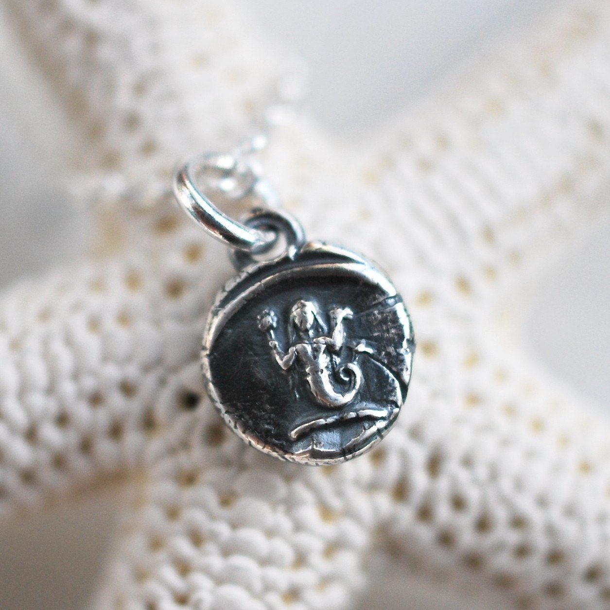 tiny mermaid wax seal necklace charm in fine silver