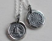 reversible ship and compass rose wax seal necklace charm