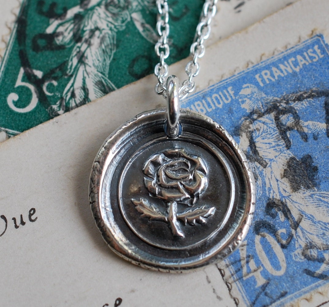 wild rose wax seal necklace charm in fine silver