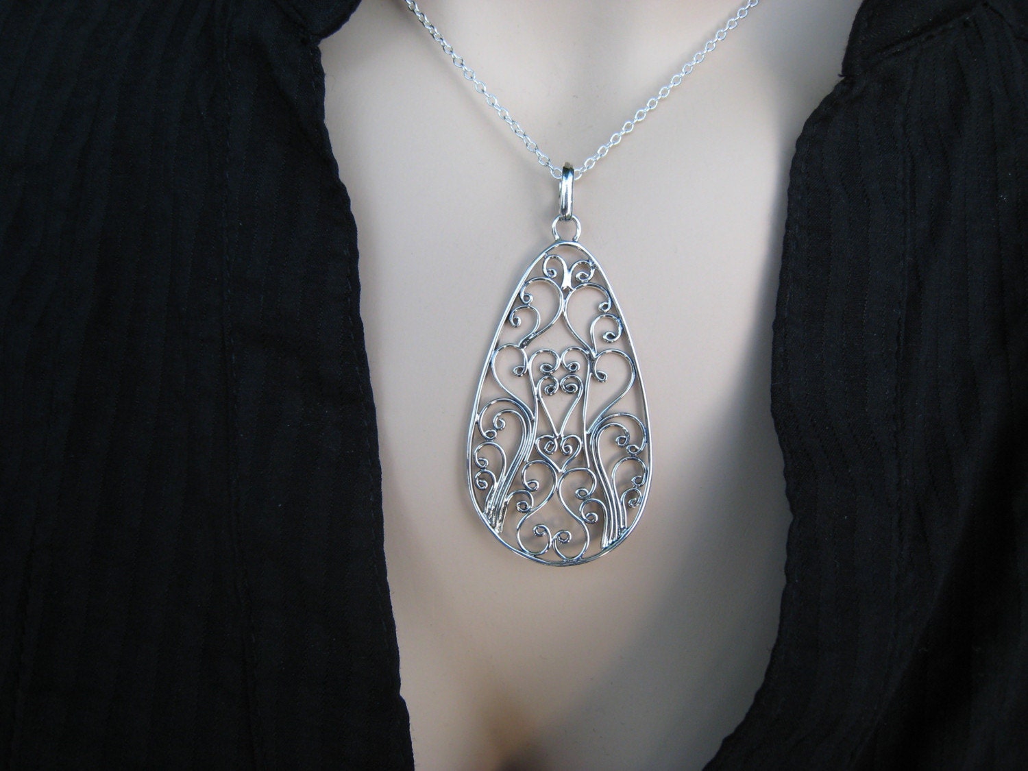 Large Filigree Pendant Necklace, Sterling Silver, Teardrop Pendant, Statement Necklace, Irisjewelrydsesign
