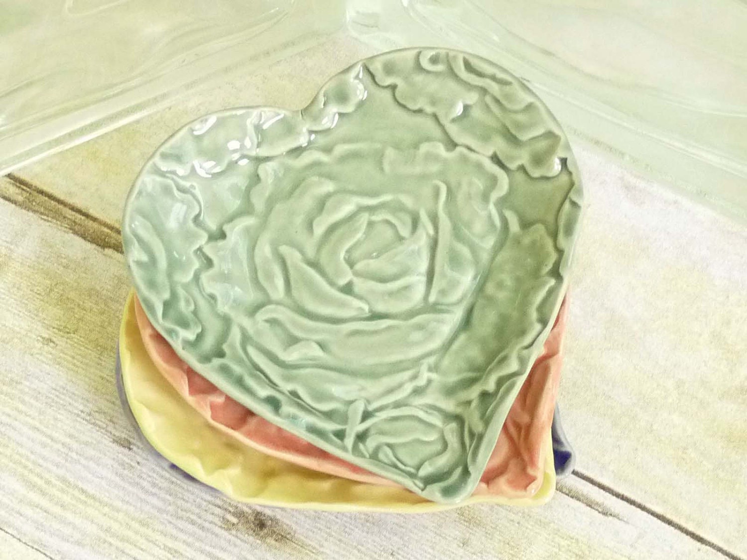 Green Cabbage Rose Heart Trinket Dish Ring Holder Valentine Love