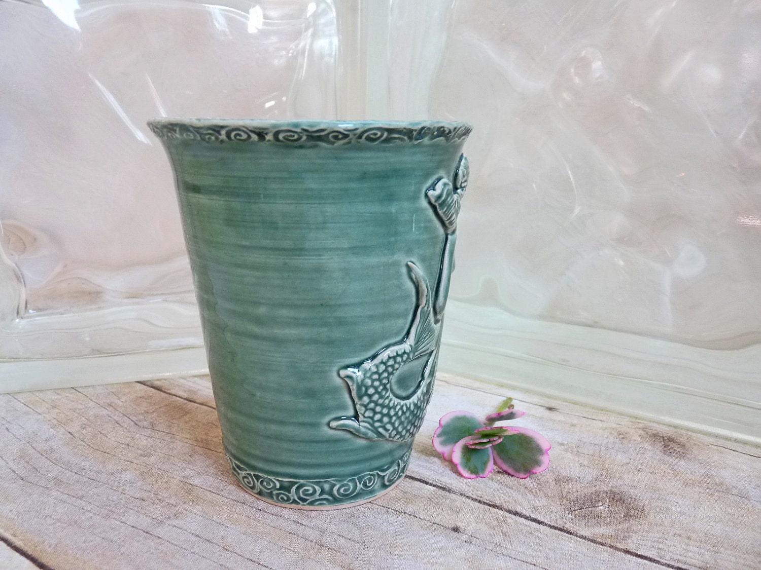 Mermaid Vase or Kitchen Utensil Holder Stoneware Pottery Emerald Green Perfect Decor for the Beach Cottage