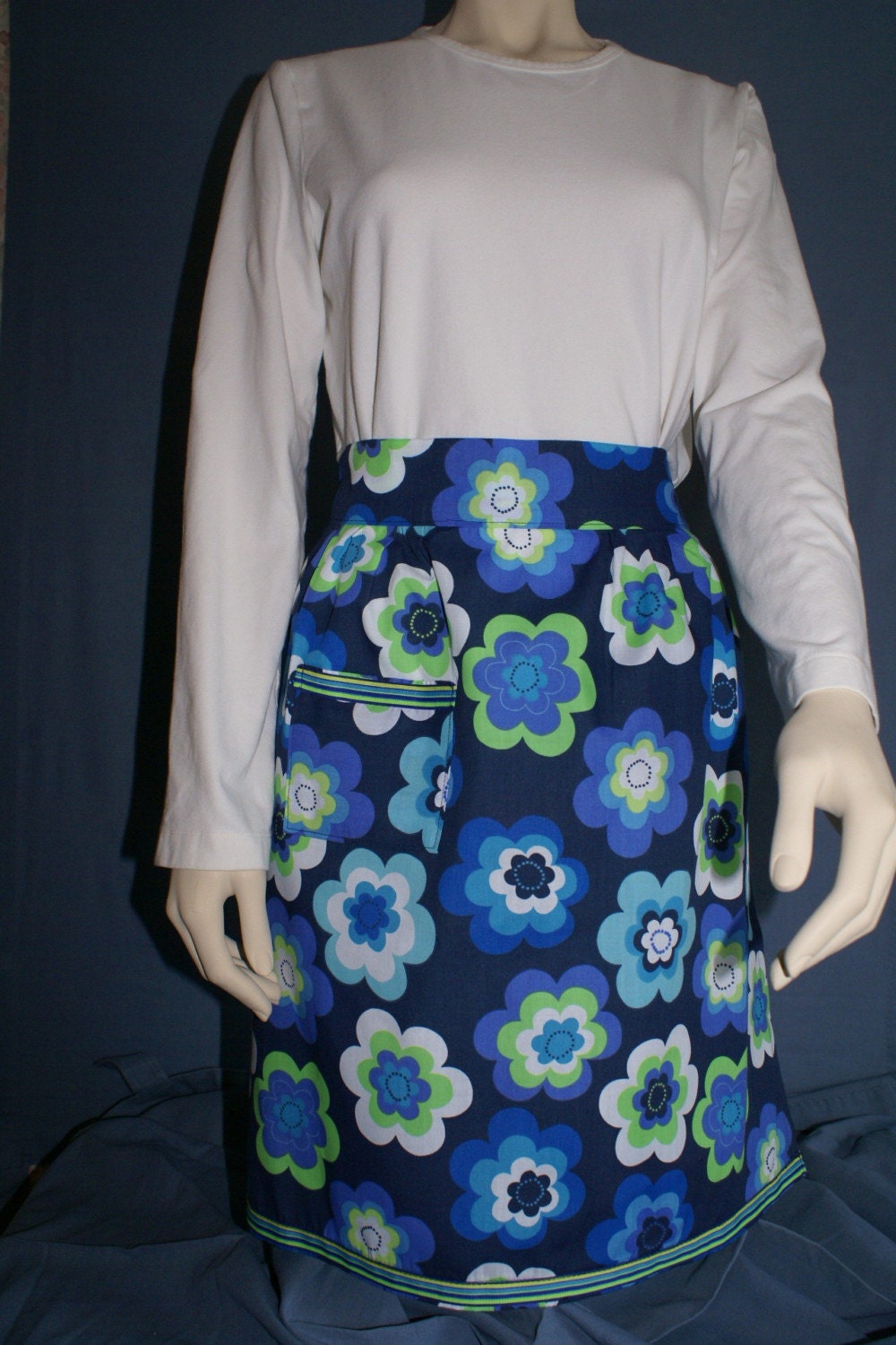 Handmade retro inspired Flower Power blue half apron