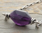 Amethyst Necklace, Purple, Gemstone, Sterling Silver Chain, Oxidized. February Birthstone