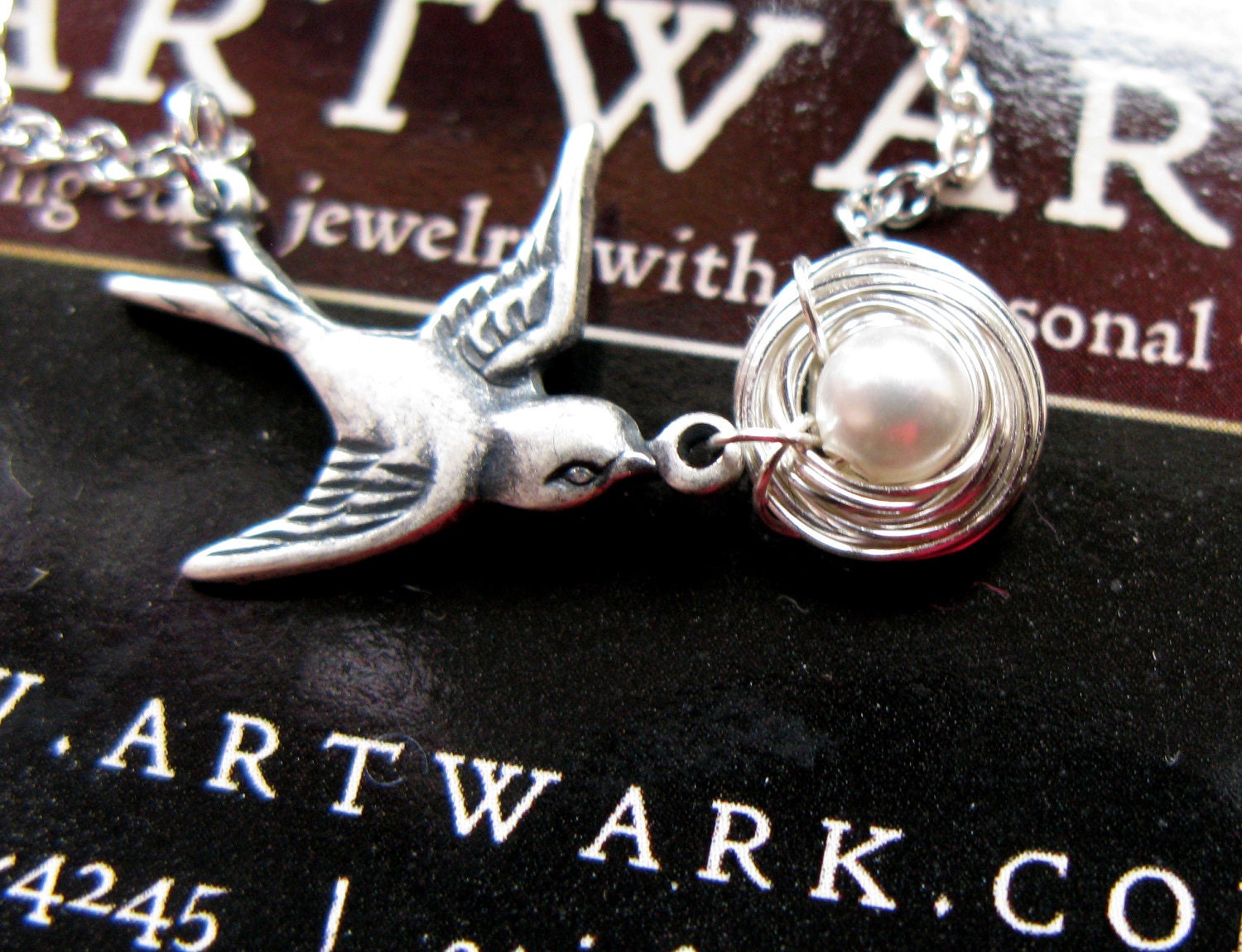 Mothers love III New Mommy silver oxidized bird hand woven nest with one swarovski pearl egg custom necklace