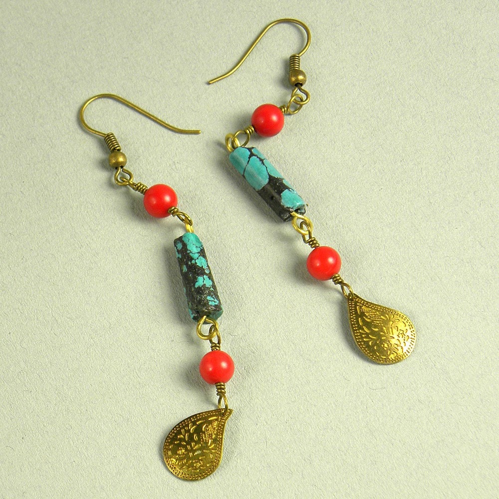 Turquoise, coral and brass long earrings.