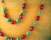 SALE Glittery turquoise and pink necklace and bracelet set by Maxime B