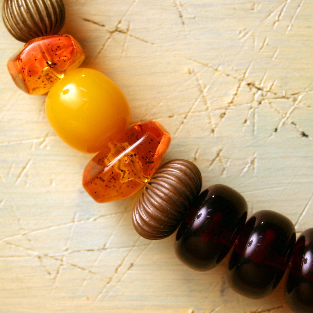 SALE Very large beaded fruity necklace, jazzy yellows and burgundies, by Maxime B