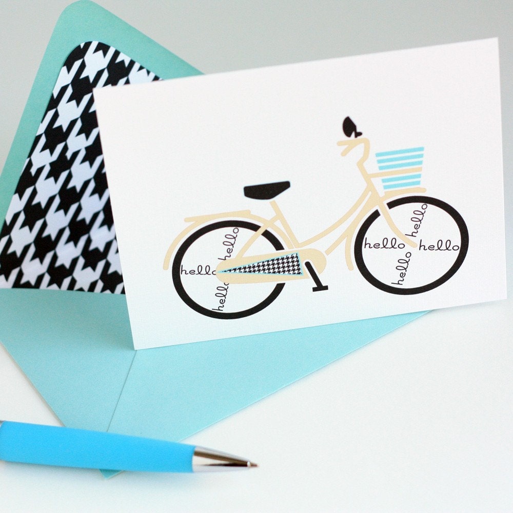 Bicycle Note Cards With Retro Basket and Houndstooth Lined Envelopes