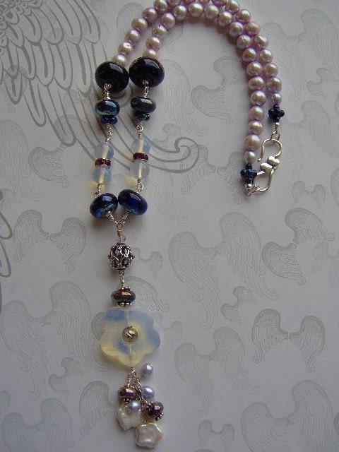 Lavender Freshwater Pearls and Artisan Lampwork Beaded Sterling Silver Necklace