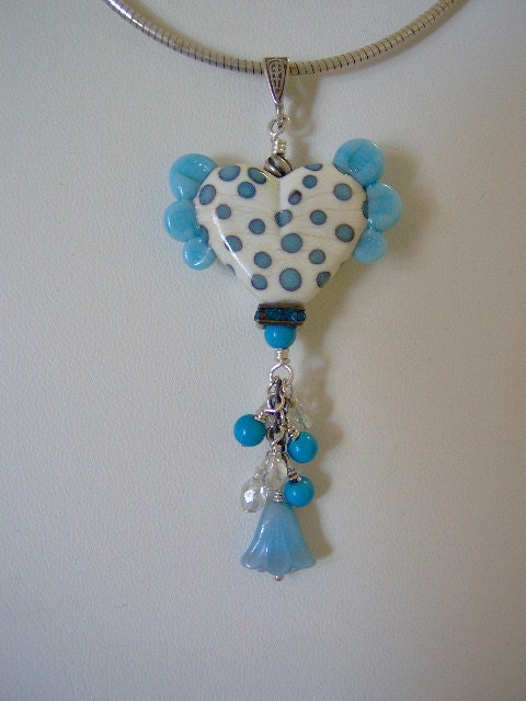 Smurf Love Winged Heart Artisan Lampwork Pendant - Sterling Silver