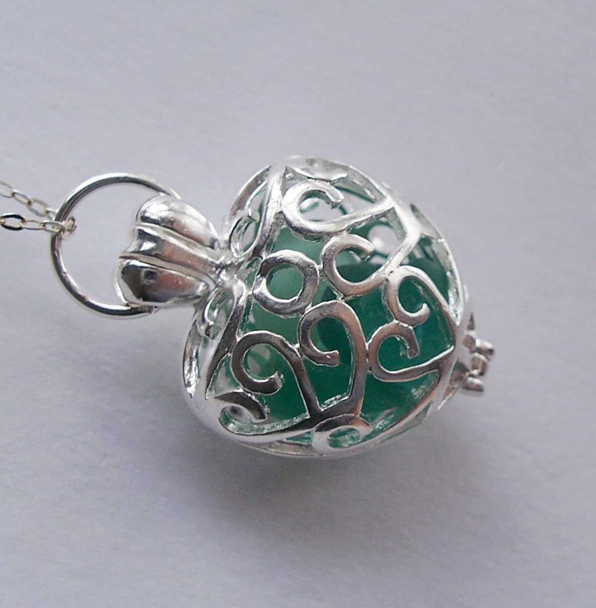 Heart Filigree RARE Turquoise Sea Glass Locket Necklace