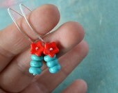 Floating Flowers  turquoise stones and red glass flower on Sterling silver hooks