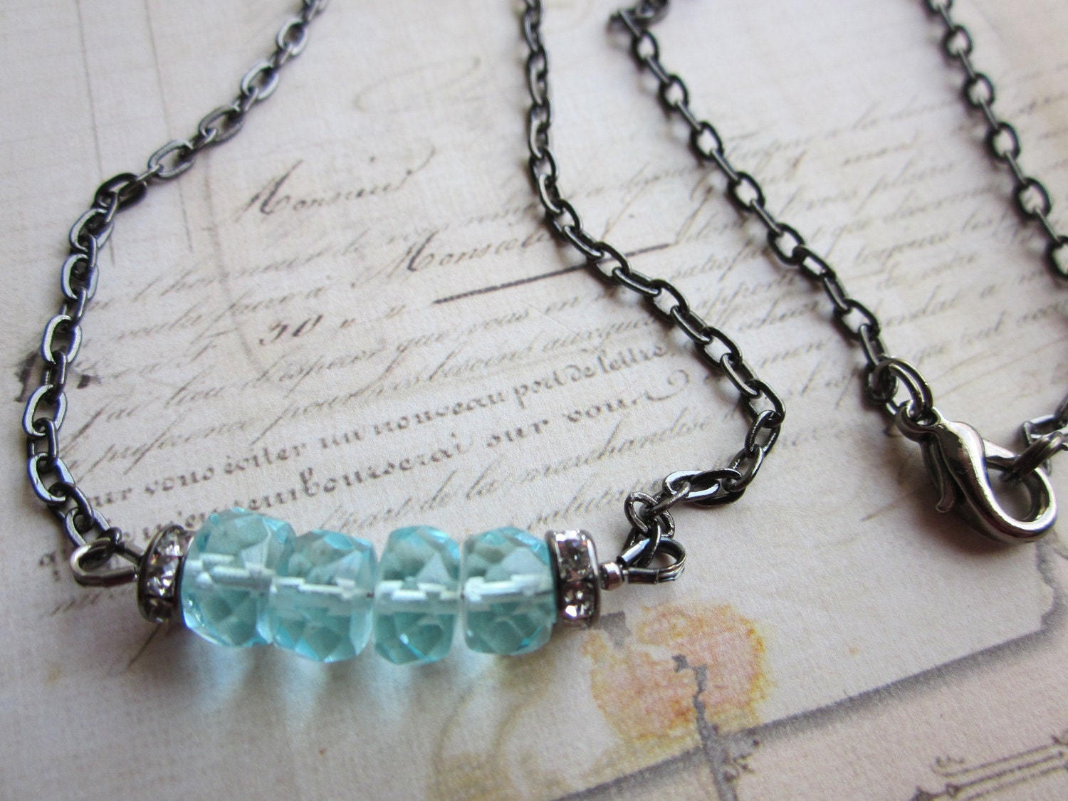 Aqua Quartz Rondelle Necklace, Gunmetal Chain