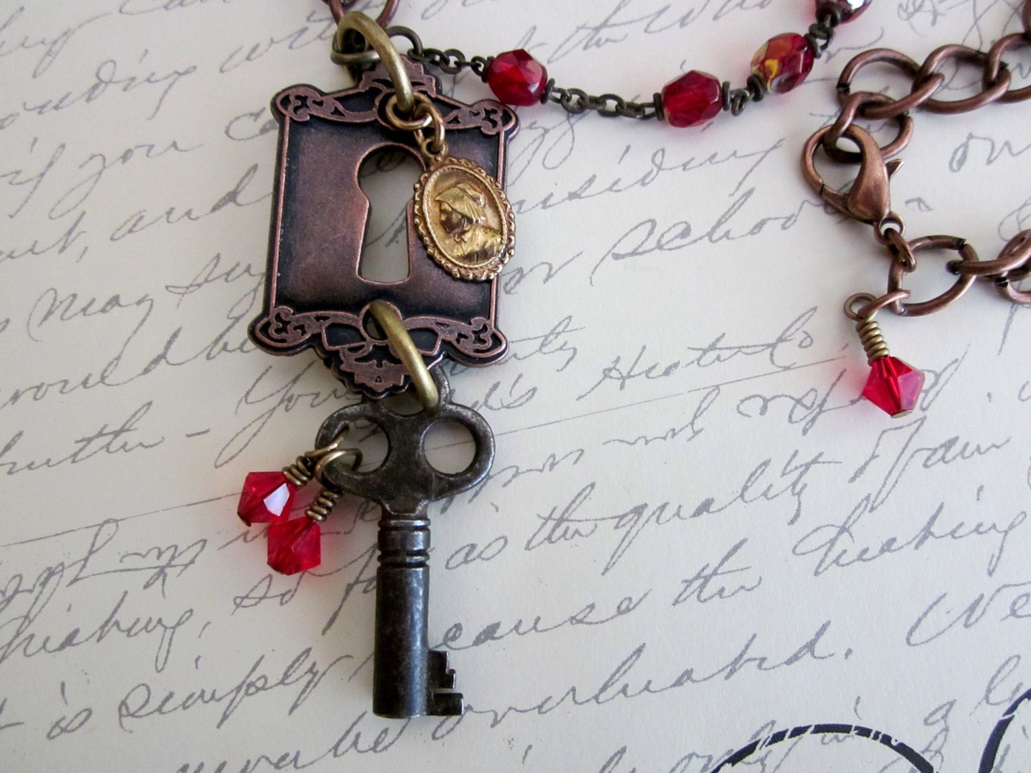 Skeleton Key Necklace with Keyhole, Vintage Rosary Beads