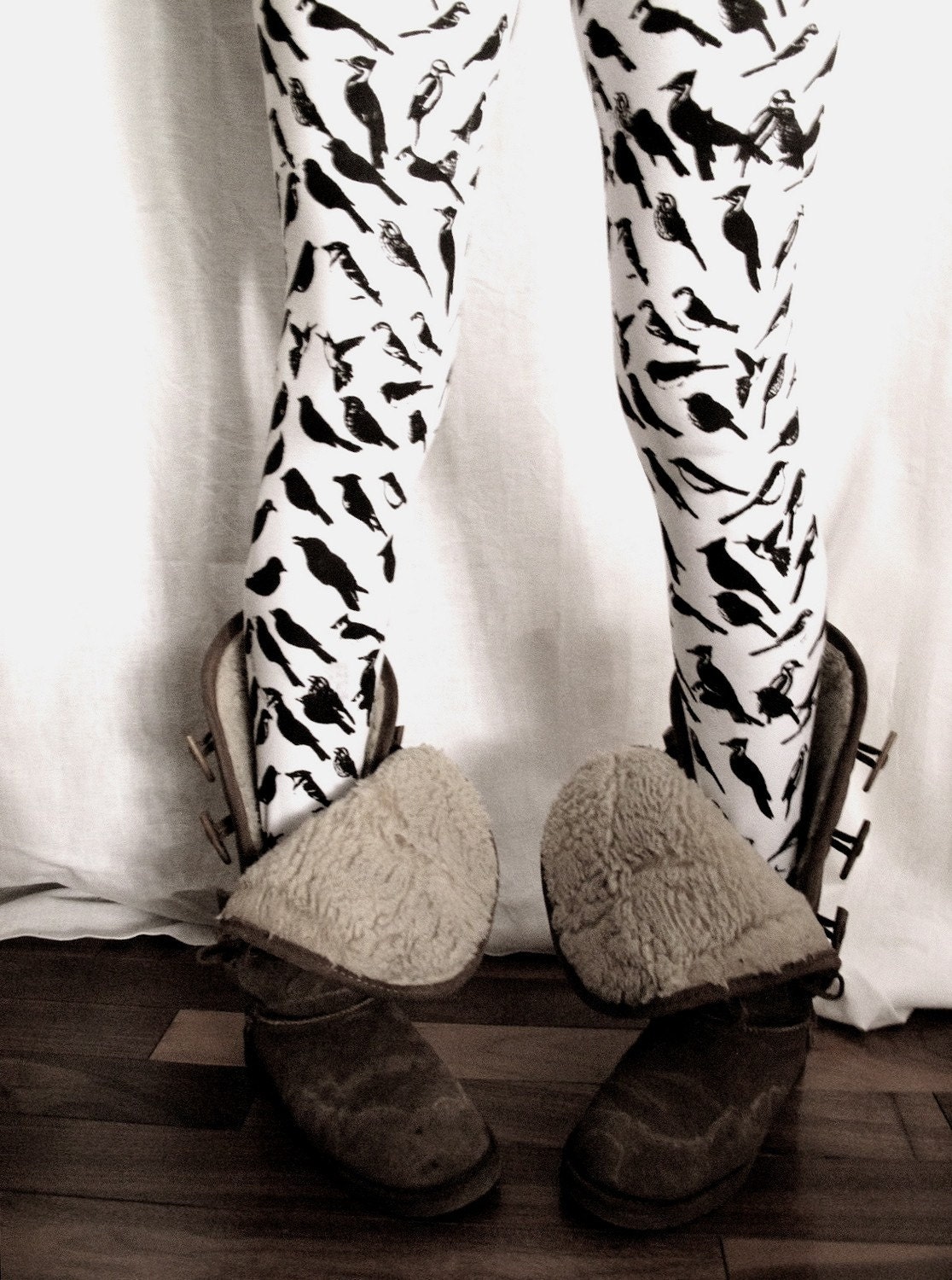 White Leggings With Small Birds in Black