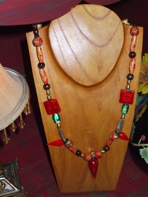BIG SALE WAS 40, NOW 30 HANDCRAFTED Red Hot Chili Pepper Lampwork\/Pearl\/Jasper\/Wood\/Bamboo Necklace Long Chunky