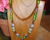 ELECTRIC LIME GREEN WITH MURANO GLASS AND CARVED WOOD PENDANT