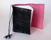 Recycled journal, black recycled bike inner tube, blank pages, pale pink linen and elastic, small.