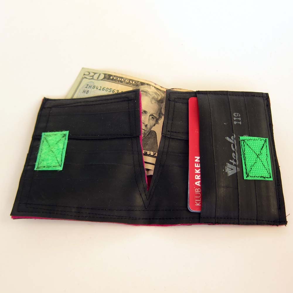 Recycled bike inner tube bifold wallet with neon green velcro closure and pink linen