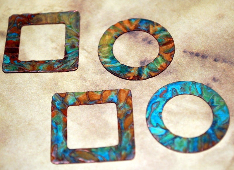Qty 4 Rust & Blue  Patina Venus Texture  1" Round and Square Washers  -  Free Shipping USA