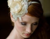 Handmade Bridal Mini Hat with Three Dupioni Silk Flowers and Rhinestone Details