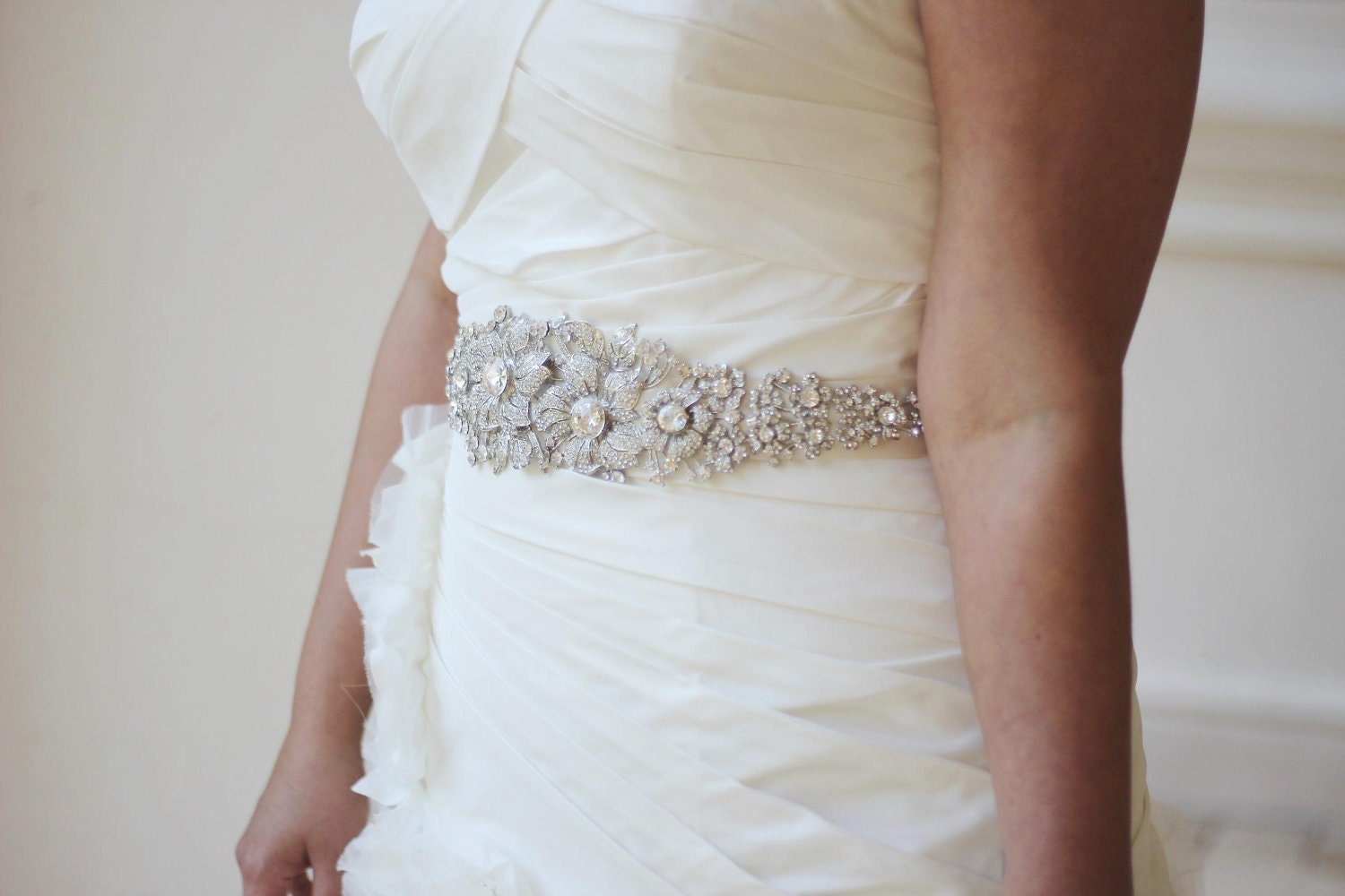 Dramatic Rhinestone Encrusted Bridal Sash in Ivory or White