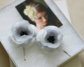 Handmade Silk Flower Bridal Pins by Fine & Fleurie Light Grey Anemones Set of 2