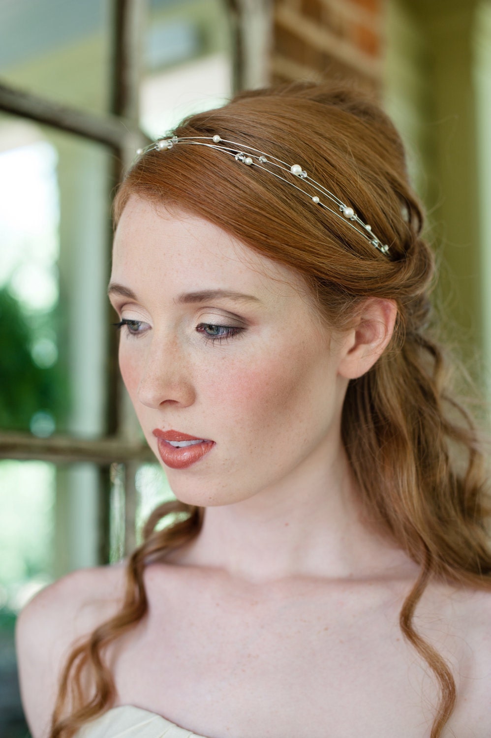 Bridal Headband Three Strand Swarovski Pearl and Crystal Hairband Simple and Modern