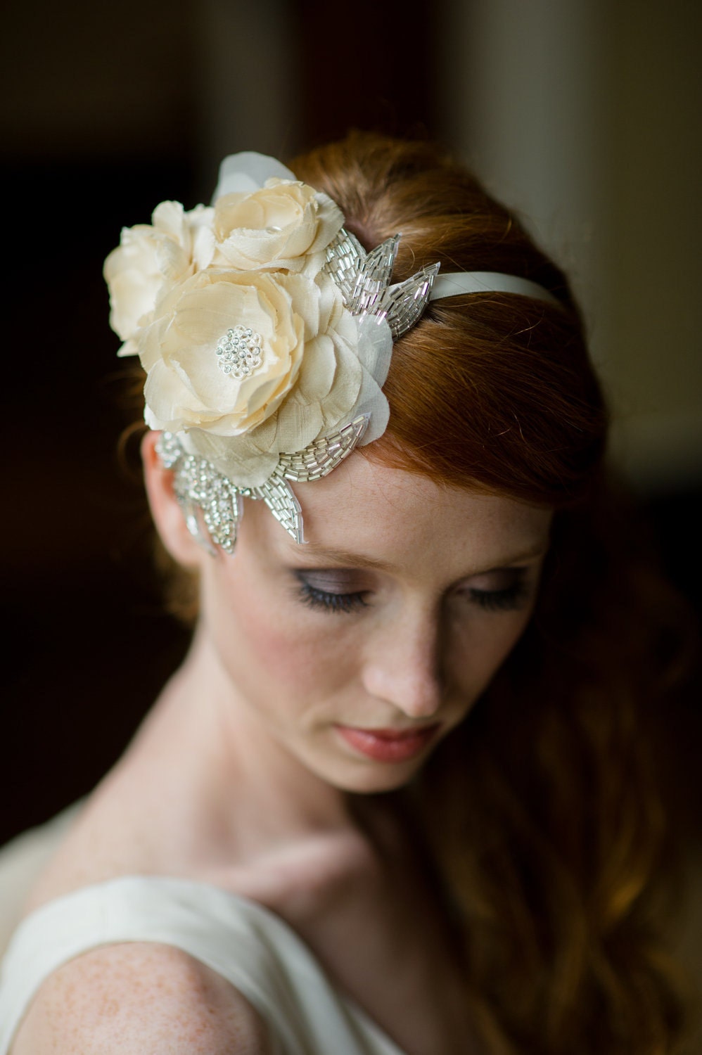 Handmade Bridal Mini Hat with Three Dupioni Silk Flowers and Rhinestone Details