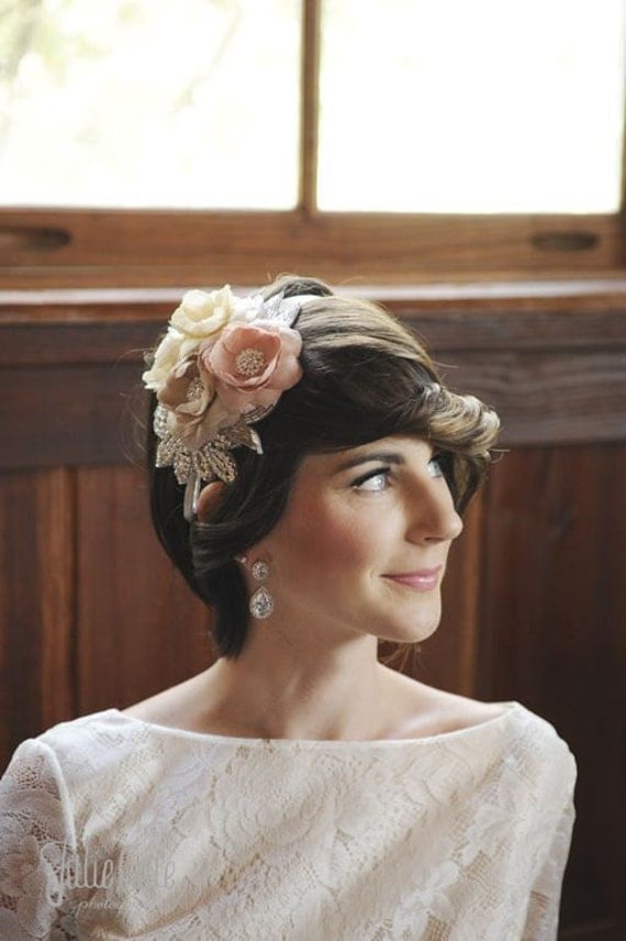 Blush and Ivory Dupioni Silk Mini Hat with Sparkle Handmade Floral Bridal Accessory