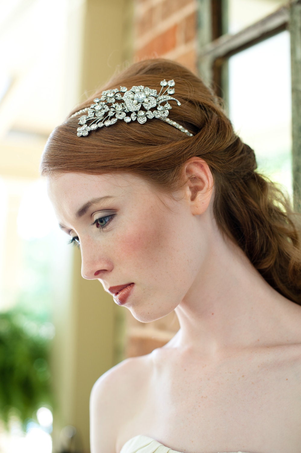 Dramatic Bridal Headband with Swarovski Rhinestone, Crystal and Pearl Ivory or White