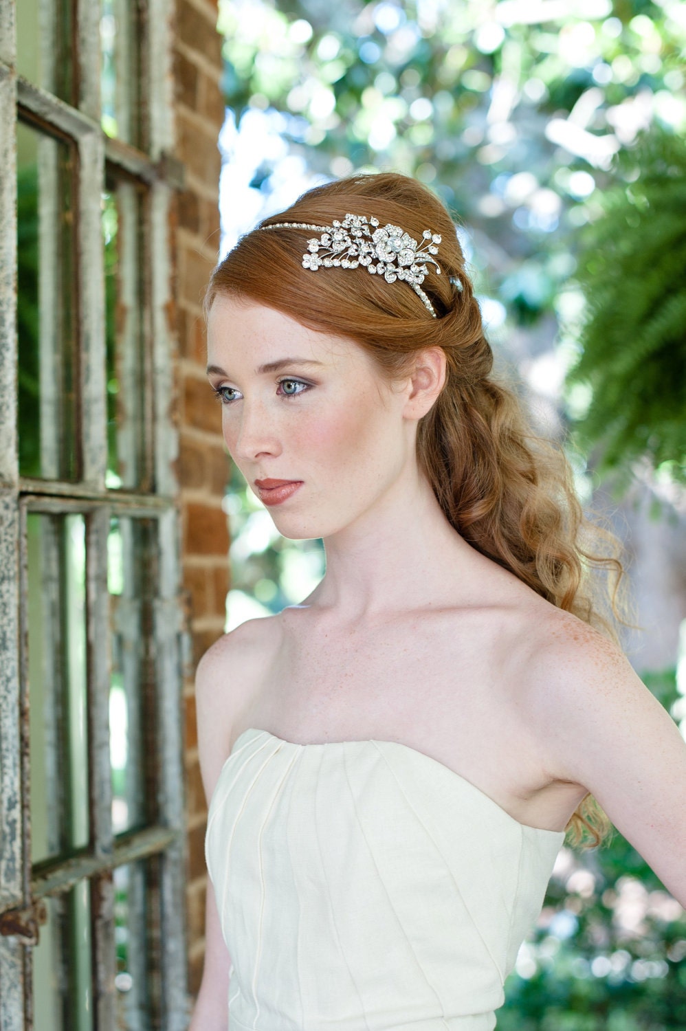 Dramatic Bridal Headband with Swarovski Rhinestone, Crystal and Pearl Ivory or White