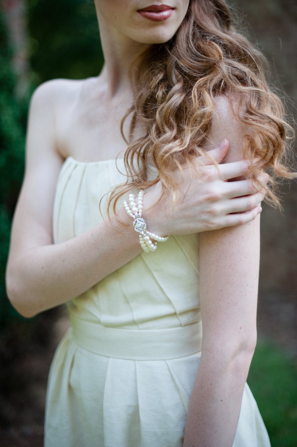 Triple Strand Cubic Zirconia and Swarovski Pearl Bracelet in Ivory or White