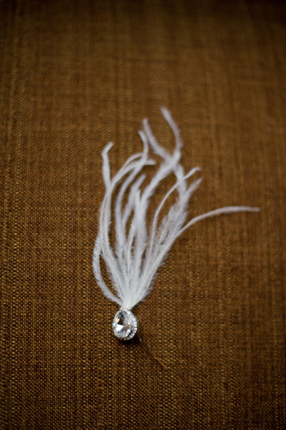 Bridal Hair Pin Rhinestone Tear Drop with Feather Spray in White or Ivory Vintage-Inspired