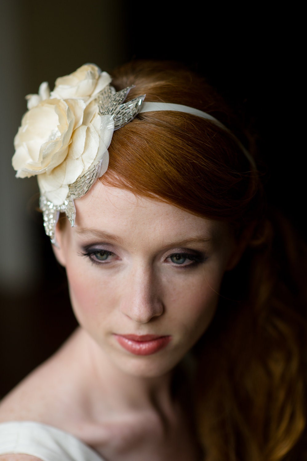 Handmade Bridal Mini Hat with Three Dupioni Silk Flowers and Rhinestone Details