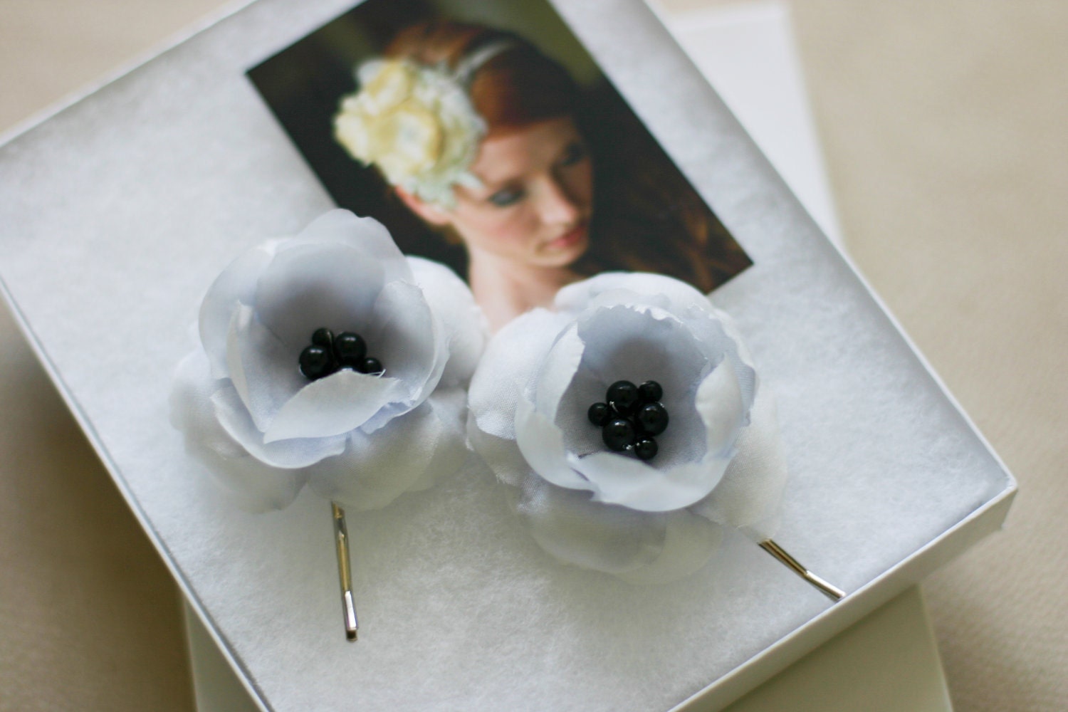 Handmade Silk Flower Bridal Pins by Fine & Fleurie Light Grey Anemones Set of 2
