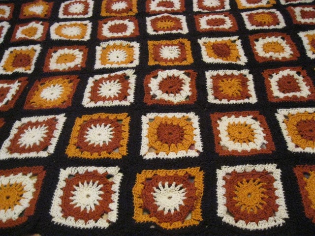 Vintage Hand Crocheted Afghan in Granny Squares of Brown, Gold and Off White  Christmas Gift Present Mothers Day Birthday Graduation