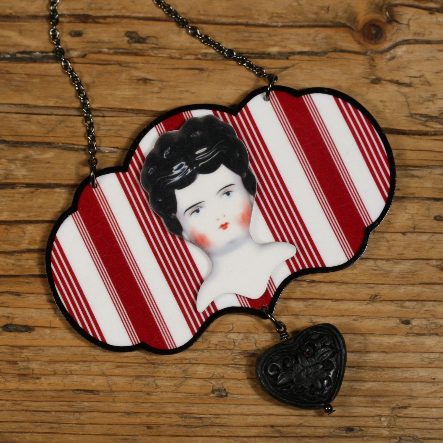 Red and White Striped Dolly Statement Necklace
